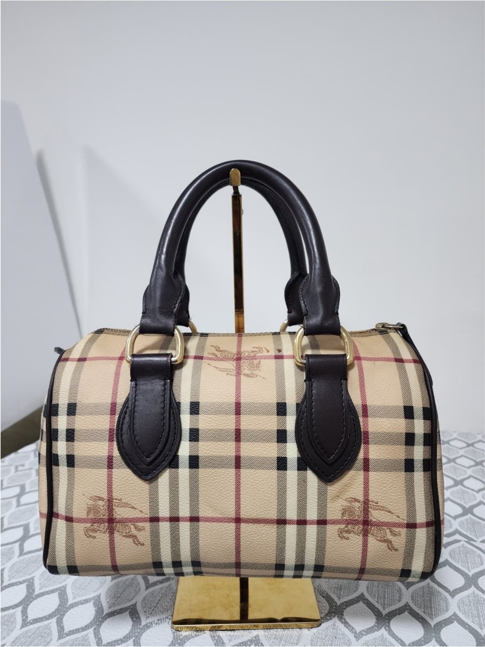 BURBERRY Haymarket Check Coated Canvas Bowling Bag Beige/Brown